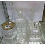 Various items of glassware including silver plated biscuit barrel, candlesticks, cheese dish, etc.