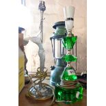 An Art Deco chrome figural table lamp - sold with a retro green glass table lamp