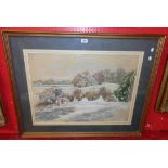 A gilt framed and wide slipped pastel drawing depicting an extensive Winter landscape - indistinctly