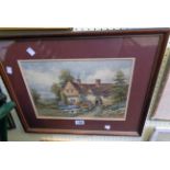 Harold Lawes: a framed watercolour, depicting a summer garden with farmhouse and figure on a