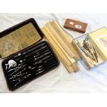 Assorted drawing sets and instruments - sold with a bag containing old wooden rulers