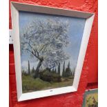Patricia Fishwick: a painted framed oil painting, depicting a landscape with trees - signed and