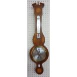 A reproduction Edwardian inlaid mahogany banjo barometer/thermometer with aneroid works