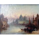 E. Pritchett: an oil on canvas, depicting a Venetian canal scene with numerous figures on gondolas