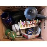 A box of assorted china including Portmeirion, ornate eggs, Snow White toast rack, etc.