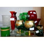 Assorted coloured and other glassware including ruby brandy balloon, pair of Venetian gilt