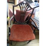 An antique Hepplewhite style mahogany framed carver chair - old repairs and other damage