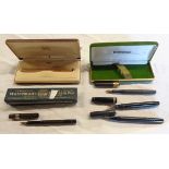 A small collection of fountain pens including boxed Waterman's Ideal, Swan, Parker Duofold, etc.