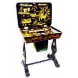 A 25" 19th Century chinoiserie work table with all over and internal lacquered decoration