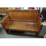 A 4' 6" old GWR oak and ebony lined box framed waiting room bench - branded mark