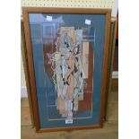 Brian Hollett: a framed mixed media abstract painting, depicting figures in oblong shaped panes -