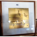 A vintage Japanese gold leaf and lacquer print of cranes with Yamayichi to verso