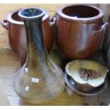 Two salt glazed stoneware crocks, a large stoneware baluster vase, and two stoneware bowls - damage