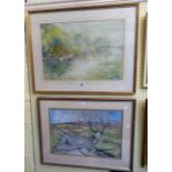 Carol Harvey: a gilt framed acrylic painting entitled "River Haze" - signed - sold with Pauline