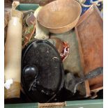 A box of assorted collectables including ebony part dressing table set, wooden tray, horse