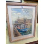 Adrien Truscott: a framed mixed media painting depicting a view of the Barbican, Plymouth with the