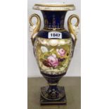 A Victorian pedestal vase with dolphin handles, gilt decoration and hand painted floral panel -