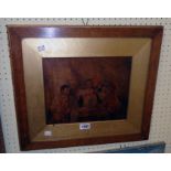 An oak framed and gilt slipped 19th Century pokerwork picture, depicting figures around a table in a