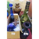 A quantity of glassware including an outsized Martell bottle, Holmegaard colbalt blue bottle vase,