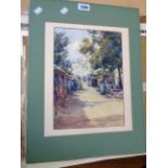 An unframed mounted watercolour, depicting a street market with many figures - indistinctly signed -