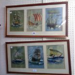 After David Cobb: two frames containing three each vintage P&O menu covers with details verso