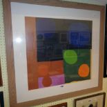 A large framed unsigned abstract form print with polychrome circular and block shaped