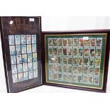 Four framed sets of cigarette cards including golfers, Wills's Flowering Trees & Shrubs series,