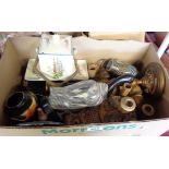 A box containing collectable items including a pair of Viking brand Barbola candlesticks, a pair