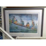 Dorothea Hyde: a framed limited edition coloured print, depicting perching kingfishers - signed in