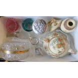 A box of assorted ceramics including Japanese late Satsuma teapot and vases, silver topped