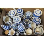A box containing a quantity of T. G. Green Cornishware and other blue and white banded items -