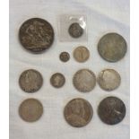 A collection of antique Great British silver coinage including two 1745 Lima Shillings, 1787