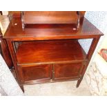 A 36" Edwardian mahogany and strung two tier buffet with pair of cupboard doors under, set on square