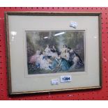 A gilt framed pencil signed coloured print, depicting ladies of fashion circa 1850 - bearing Frost &
