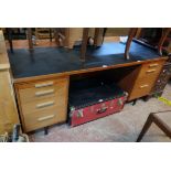 A 5' 6" vintage Blue Line sapele wood veneered kneehole office desk with leatherette part inset top,