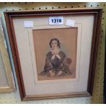 A gilt framed early 19th Century naive portrait watercolour of a seated lady with a book