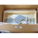 A box containing assorted items including two Osborne Ivorex plaques, corkscrews, penknife, pestles,