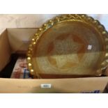 A box containing vintage wooden, silver plate, copper and brass trays