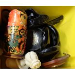 A box containing a quantity of collectable items including cameras, Russian matryoshka doll,