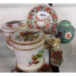 Two Victorian hand painted bone china dressing table jars with hand painted floral sprays and birds,