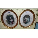 A pair of gilt oval framed antiquarian coloured prints, depicting ladies