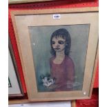 Luther: a framed watercolour portrait of a female figure holding a posy of flowers - signed and