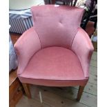 A vintage boudoir tub elbow chair with raised back and old rose velour upholstery, set on square