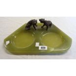 A green onyx desk stand decorated with a pair of cold painted bronze tiger figurines