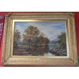 Thomas Spinks: an ornate gilt gesso framed (some damage) oil on canvas depicting a river landscape