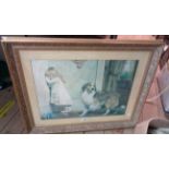 A gilt framed reproduction Pears style print, depicting a girl, collie dog and doll