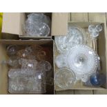 Three boxes of assorted glassware including vases, cake stand, dressing table set, drinking vessels,