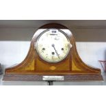 A 1930`s inlaid walnut cased Napoleon hat mantel clock, bearing presentation plaque - a/f
