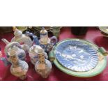 A pair of Oriental style vases, four teapots, blue and white plate and cellulose finish dish