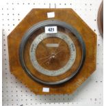 A 12" 1930`s walnut octagonal cased aneroid wall barometer by Pleasance & Harper, Bristol - glass